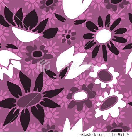 Seamless pattern with abstract retro wild flower blooms on purple background Seamless pattern with abstract retro wild flower blooms on purple background 113295329