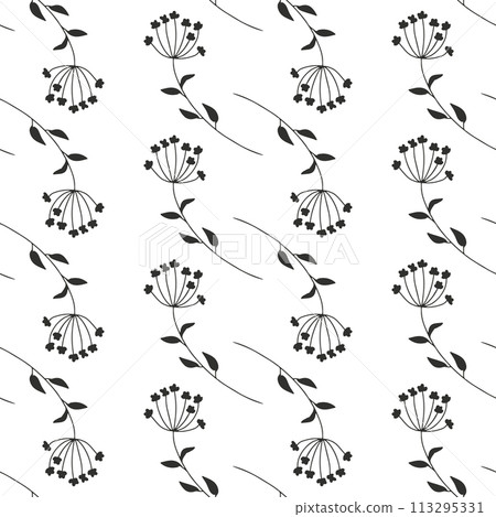 Monochrome seamless pattern with black wild flowers silhouettes on white background Monochrome seamless pattern with black wild flowers silhouettes on white background 113295331