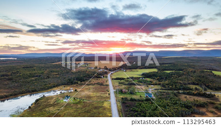 Road on East Coast of Atlantic Ocean. Aerial Nature Background. Sunrise Sky. 113295463