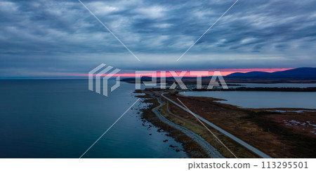 Coast on East Coast of Atlantic Ocean. Aerial Nature Background. Sunrise Sky. 113295501