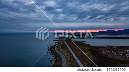 Coast on East Coast of Atlantic Ocean. Aerial Nature Background. Sunrise Sky. 113295502