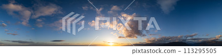 Cloudy Sunset Sky Panorama. Cloudscape Nature Background. Cloudy Sunset Sky Panorama. Cloudscape Nature Background. 113295505