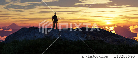 Adventure Man on top of Rocky Mountain Peak. 113295580