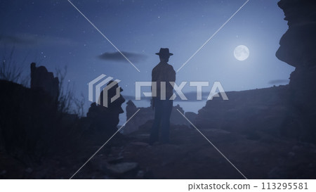 Cowgirl standing in Rocky Desert with Rock Formations. Sandstone. Night with stars and moonlight 113295581