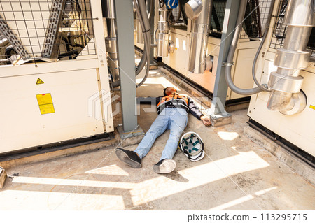 Engineer accident at work site. worker injury from electricity shock or hot weather heat stroke. 113295715
