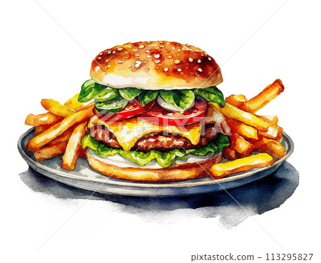 起司漢堡和薯條的插圖，白色背景上的切口 113295827