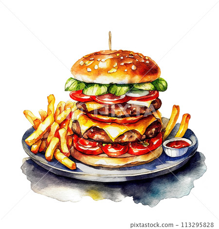 Cheese burger and french fries illustration, cut out on white background Cheese burger and french fries illustration, cut out on white background 113295828
