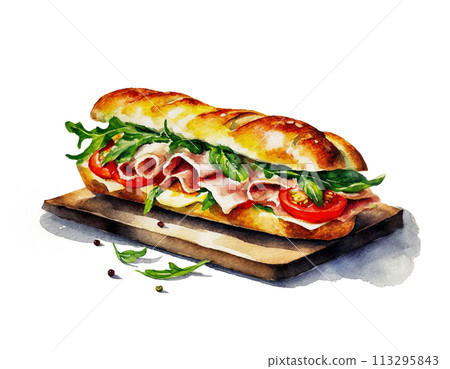 Illustration of a baguette sandwich with ham, cheese and vegetables, cut out on white background 113295843