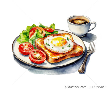 Illustration of a morning set of fried egg toast, salad and coffee, cut out on white background 113295848