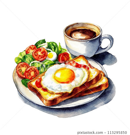 Illustration of a morning set of fried egg toast, salad and coffee, cut out on white background 113295850