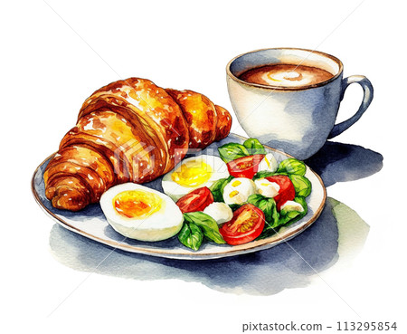 早晨的羊角麵包、水煮蛋、沙拉和咖啡、白色背景的切口的插圖 113295854