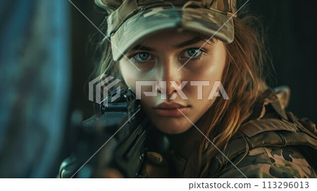Pretty woman Sniper in ambush. Portrait of modern female soldier with rifle looking through scope. AI Generated 113296013