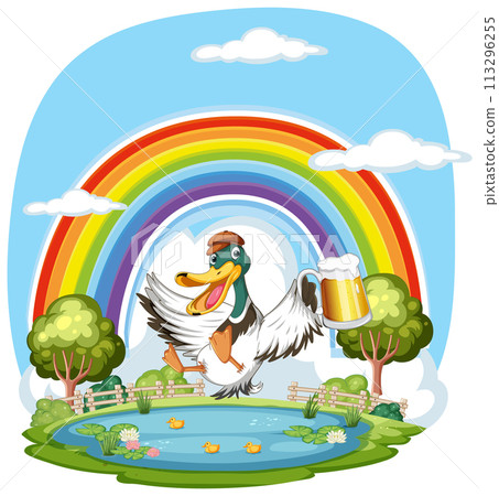 Cheerful Duck Celebrating with Beer Cheerful Duck Celebrating with Beer 113296255