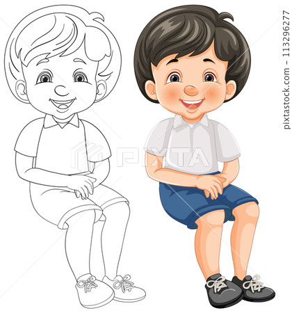 Happy Boy Sitting: Color and Line Art 113296277