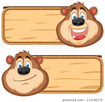 Cheerful Bear with Wooden Signboards 113296278