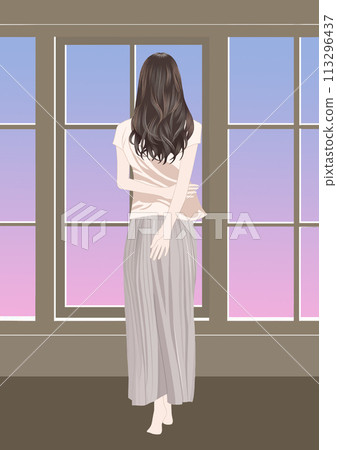 Room window and young woman illustration at dusk 113296437