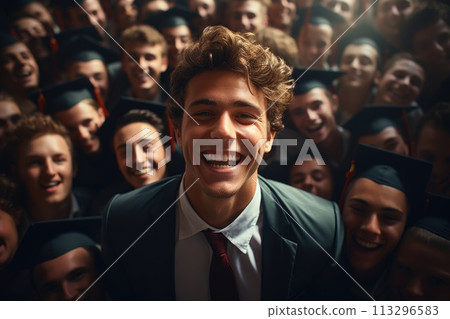 Happy time graduation, university institute school, graduation mantle and cap, joy group, receiving Bachelor Specialist Master degree, group selfies, classroom auditorium , toss up valedictorian hat. 113296583