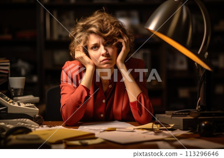 Stress at work, pressure from superiors, fatigue irritability, deadline, stressful business, busy schedule, managerial executive, middle management employee apathy mental burnout. 113296646