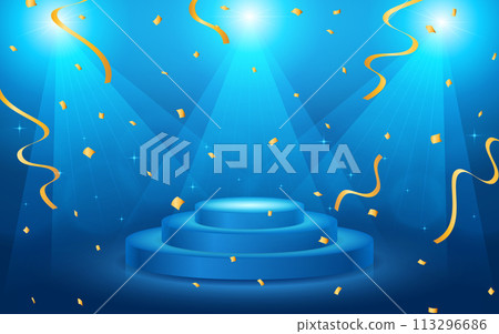 A blue spotlit stage with confetti falling 113296686
