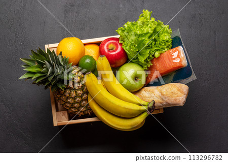 Wooden box full of healthy food Wooden box full of healthy food 113296782