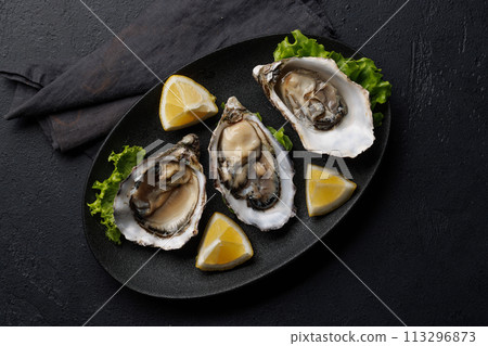 Fresh oysters with lemon on plate Fresh oysters with lemon on plate 113296873