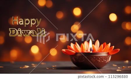 Happy Diwali, Indian festival of lights Diwali symbolizes the victory of light over darkness, of good over evil and knowledge over ignorance. banner, copy space, background, text. 113296880