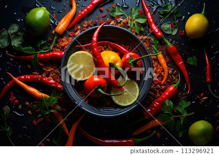 Red pepper, hot, chili pepper Capsicum annuum pungent spice. The flavor tastes sharp and burning . Vitamins organica eco . Red pepper, hot, chili pepper Capsicum annuum pungent spice. The flavor tastes sharp and burning . Vitamins organica eco . 113296921