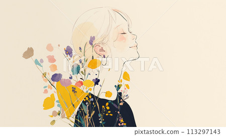 Profile of a woman holding a small bouquet of flowers and smiling with her eyes closed, looking up 113297143