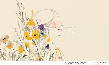 Profile of a woman holding a small bouquet of flowers and smiling with her eyes closed, looking up Profile of a woman holding a small bouquet of flowers and smiling with her eyes closed, looking up 113297144