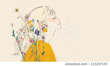 Profile of a woman holding a small bouquet of flowers and smiling with her eyes closed, looking up 113297145