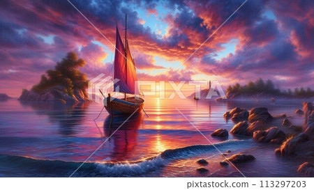 A boat floating on the sea shining in the morning sun 113297203