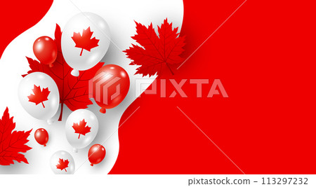 Canada day banner design of balloons and maple leaves on red background with copy space Vector illustration Canada day banner design of balloons and maple leaves on red background with copy space Vector illustration 113297232