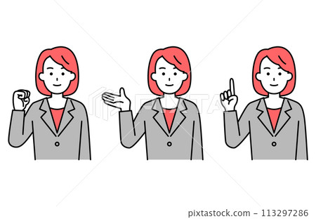 Set of poses of a woman in a suit raising her right hand Set of poses of a woman in a suit raising her right hand 113297286