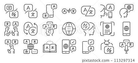 Translation icon set. It includes translator, translate, app, and more icons. Editable Vector Stroke. 113297314