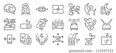 Sleep icon set. It includes sleepy, asleep, dream, deep sleep, sleeping and more icons. Editable Vector Stroke. 113297315
