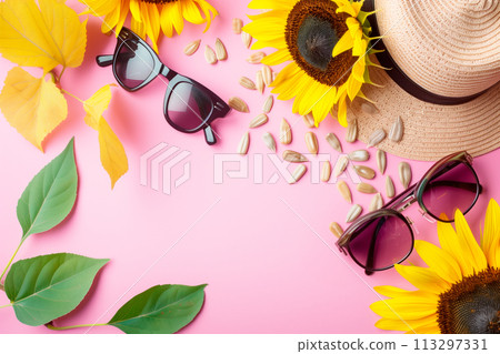 Sunflower seeds, hat and sunglasses on pink background. Top view and summer vibe, border frame with copy space 113297331
