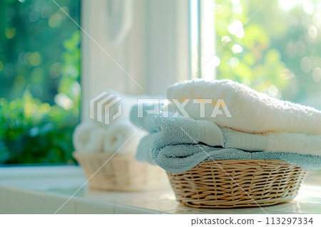 Stack of clean towels in laundry wicker basket bathroom. The towels showcasing their soft and fluffy after laundry Stack of clean towels in laundry wicker basket bathroom. The towels showcasing their soft and fluffy after laundry 113297334