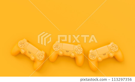 Video game joysticks or gamepads in plain monochrome yellow color background 113297356