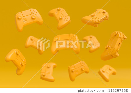 Set of flying gamer joysticks or gamepads on monochrome background 113297368