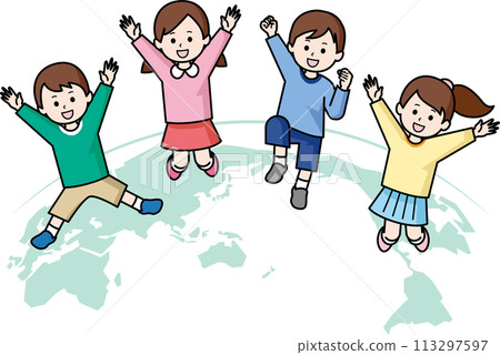 Jumping children and world map Jumping children and world map 113297597