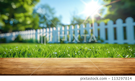 Summer time in backyard outdoors. Wooden table, blurred background 113297814