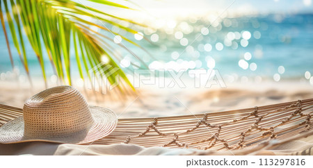 Hammock with a straw hat on the beach. AI content 113297816