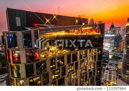 Aerial view of Lumpini district at sunet in Bangkok, Thailand 113297964