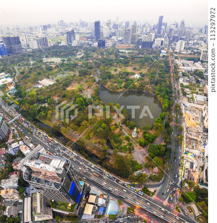 Aerial view of Lumpini district at sunet in Bangkok, Thailand 113297972