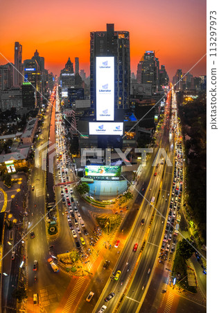 Aerial view of Lumpini district at sunet in Bangkok, Thailand Aerial view of Lumpini district at sunet in Bangkok, Thailand 113297973