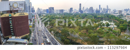 Aerial view of Lumpini district at sunet in Bangkok, Thailand Aerial view of Lumpini district at sunet in Bangkok, Thailand 113297984