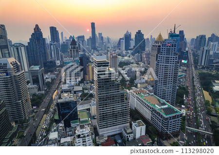 Aerial view of Lumpini district at sunet in Bangkok, Thailand 113298020