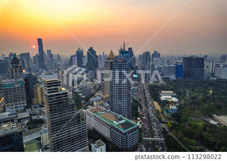 Aerial view of Lumpini district at sunet in Bangkok, Thailand Aerial view of Lumpini district at sunet in Bangkok, Thailand 113298022