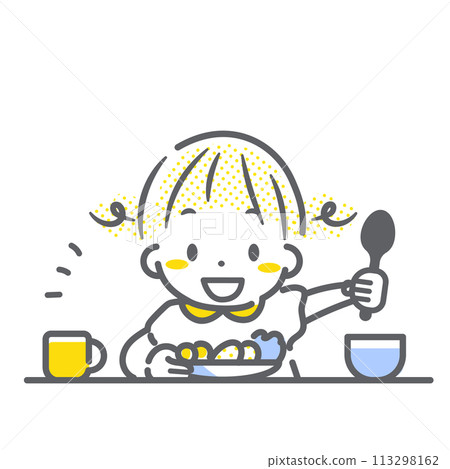 A girl happily eating a meal. Simple and stylish line drawing illustration 113298162