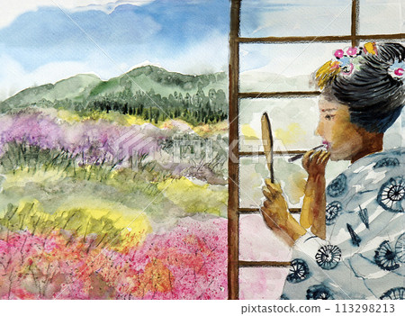 A maiko touching up her makeup while watching a maiko from Yoshino A maiko touching up her makeup while watching a maiko from Yoshino 113298213